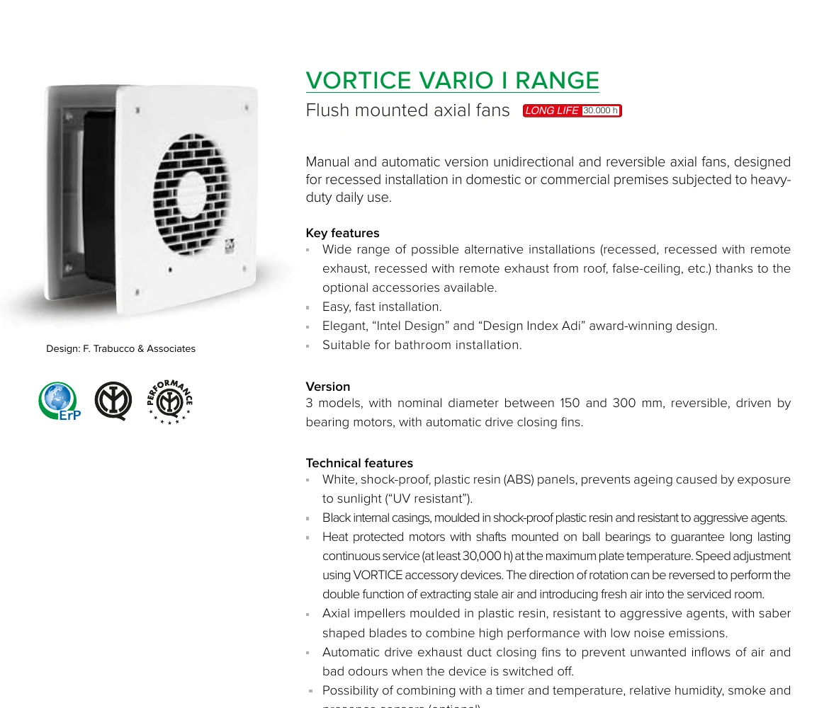 VORTICE VARIO I resmi katalog sayfası