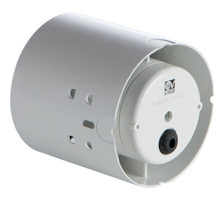 "Vortice Punto GHOST gömme montajlı mini aksiyel fan, düz beyaz ön yüzeyli, duvar içine entegre edilmiş şekilde görünüm."