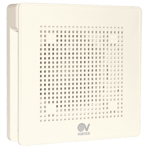 "Vortice Punto EVO beyaz mini aksiyel fan, duvara monte edilmiş şekilde önden görünüm."