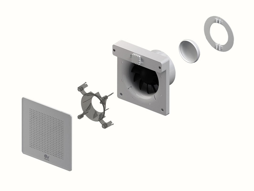 "Vortice Punto EVO beyaz mini aksiyel fan, duvara monte edilmiş şekilde önden görünüm."