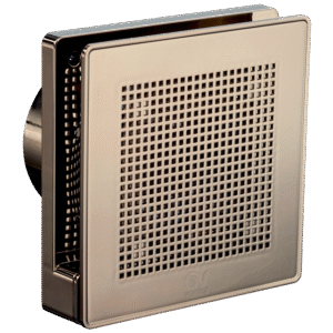 "Vortice Punto EVO GOLD mini aksiyel fan, dekoratif renkli ön kapaklı, duvara monte edilmiş hâliyle önden görünüm."