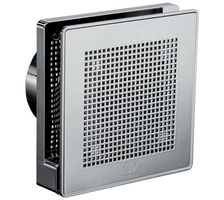 "Vortice Punto EVO GOLD mini aksiyel fan, dekoratif renkli ön kapaklı, duvara monte edilmiş hâliyle önden görünüm."