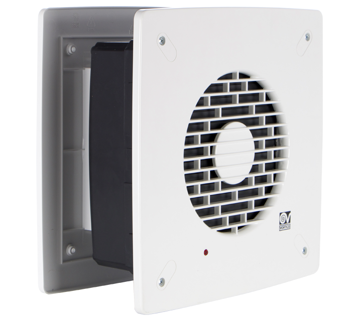 "Vortice VARIO ARI LL S ankastre duvar tipi fan, otomatik panjurlu ve uzun ömürlü motorlu, kompakt aksiyel fan görünümü."